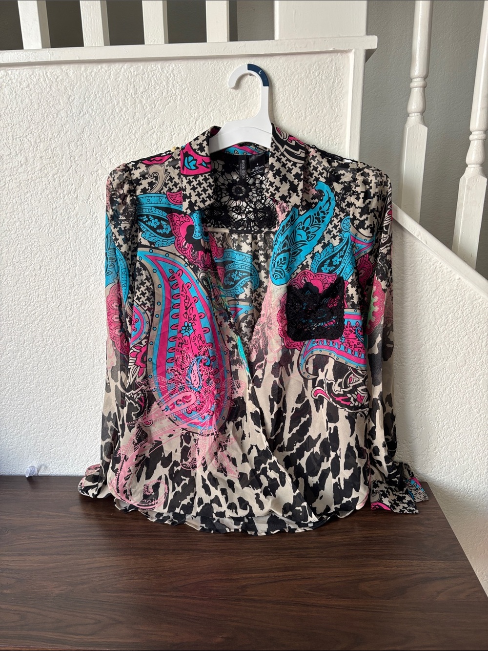Bisou Bisou Paisley & Animal-Print Button-Up Blouse in Pink, Turquoise & Black